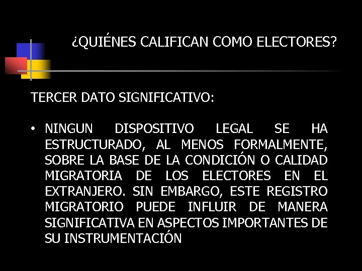 ¿QUIÉNES CALIFICAN COMO ELECTORES? TERCER DATO SIGNIFICATIVO: • NINGUN DISPOSITIVO LEGAL SE HA ESTRUCTURADO,