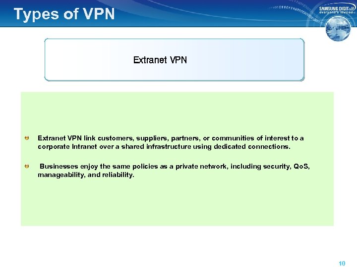 Types of VPN Extranet VPN link customers, suppliers, partners, or communities of interest to