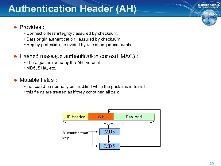 Authentication Header (AH) § Provides : • Connectionless integrity : assured by checksum. •