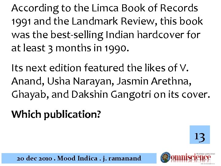 According to the Limca Book of Records 1991 and the Landmark Review, this book