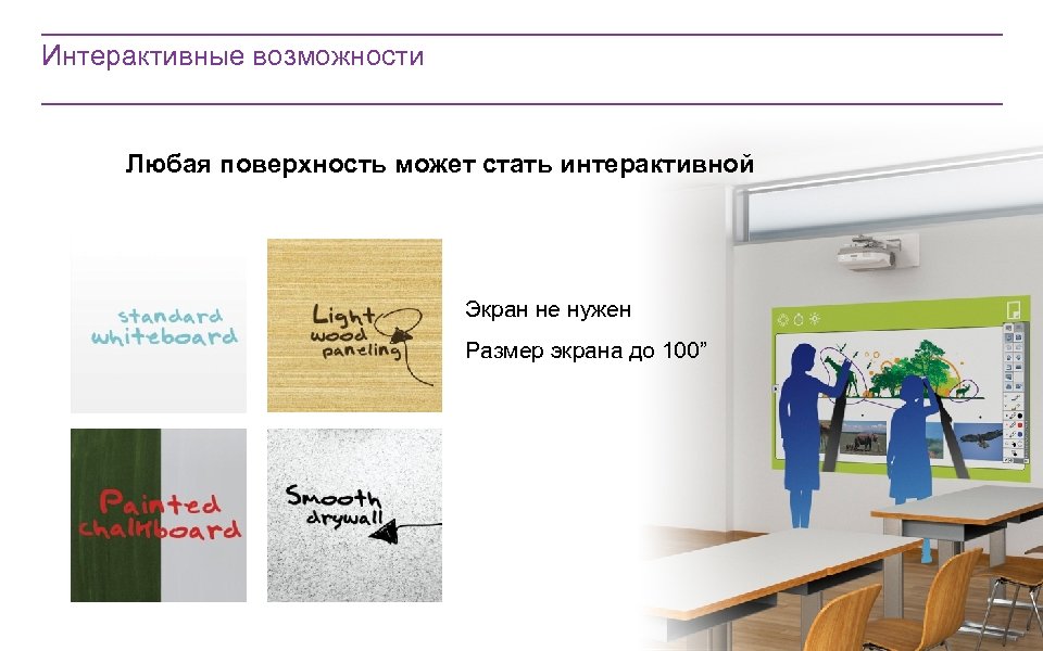 Интерактивные возможности Любая поверхность может стать интерактивной Экран не нужен Размер экрана до 100”