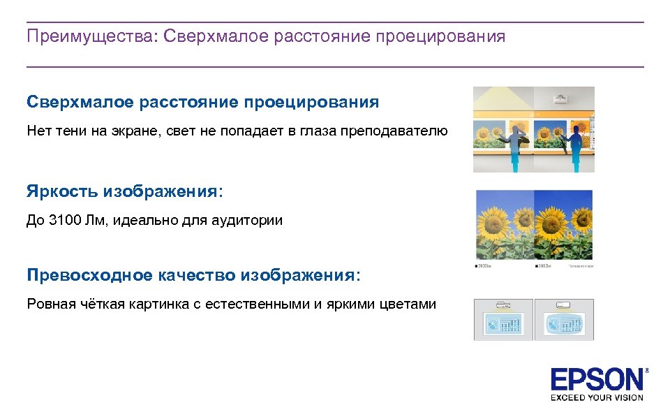 Преимущества: Сверхмалое расстояние проецирования Нет тени на экране, свет не попадает в глаза преподавателю