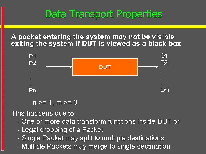 Data Transport Properties A packet entering the system may not be visible exiting the