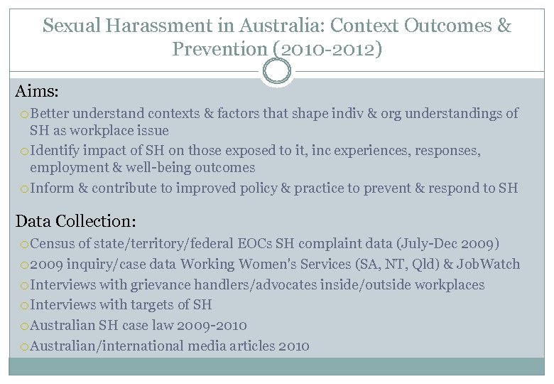 Sexual Harassment in Australia: Context Outcomes & Prevention (2010 -2012) Aims: Better understand contexts