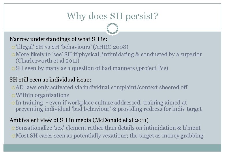 Why does SH persist? Narrow understandings of what SH is: ‘Illegal’ SH vs SH