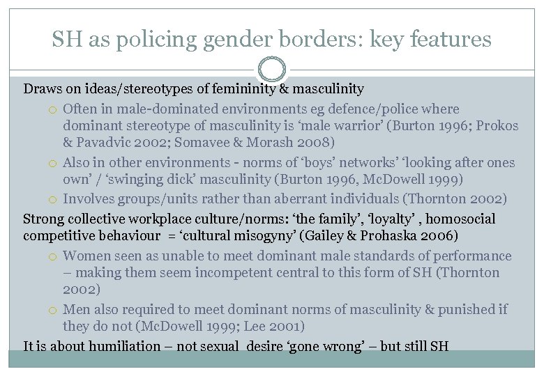 SH as policing gender borders: key features Draws on ideas/stereotypes of femininity & masculinity