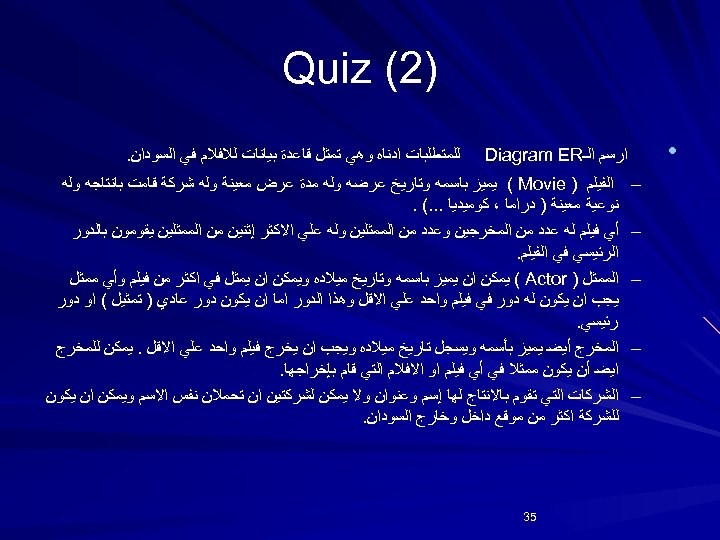  )2( Quiz • ﺍﺭﺳﻢ ﺍﻟـ Diagram ER ﻟﻠﻤﺘﻄﻠﺒﺎﺕ ﺍﺩﻧﺎﻩ ﻭﻫﻲ ﺗﻤﺜﻞ ﻗﺎﻋﺪﺓ ﺑﻴﺎﻧﺎﺕ