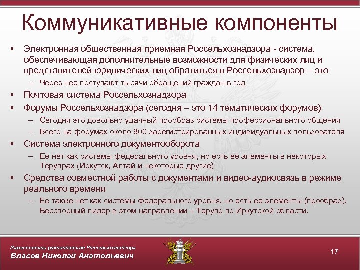 Коммуникативные компоненты • Электронная общественная приемная Россельхознадзора - система, обеспечивающая дополнительные возможности для физических