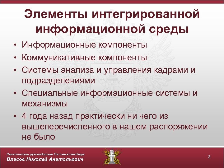 Элементы интегрированной информационной среды • Информационные компоненты • Коммуникативные компоненты • Системы анализа и