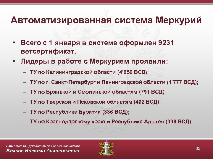 Автоматизированная система Меркурий • Всего с 1 января в системе оформлен 9231 ветсертификат. •