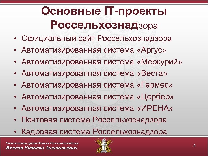 Основные IТ-проекты Россельхознадзора • • • Официальный сайт Россельхознадзора Автоматизированная система «Аргус» Автоматизированная система