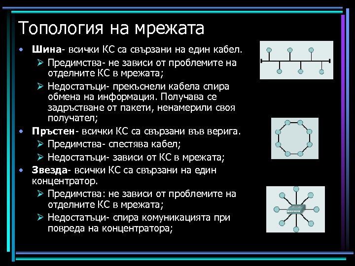 Топология на мрежата • Шина- всички КС са свързани на един кабел. Ø Предимства-