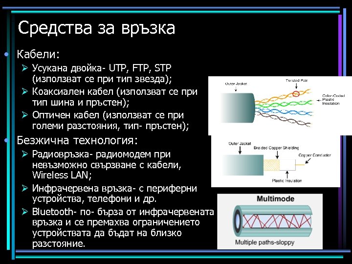 Средства за връзка • Кабели: Ø Усукана двойка- UTP, FTP, STP (използват се при