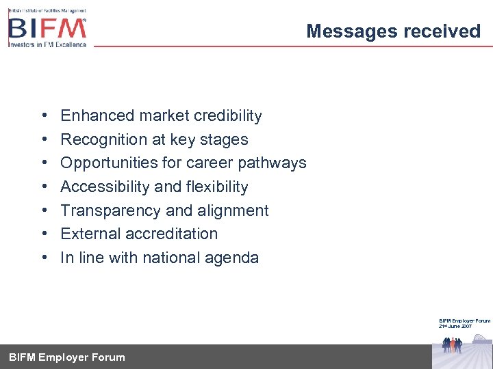 Messages received • • Enhanced market credibility Recognition at key stages Opportunities for career