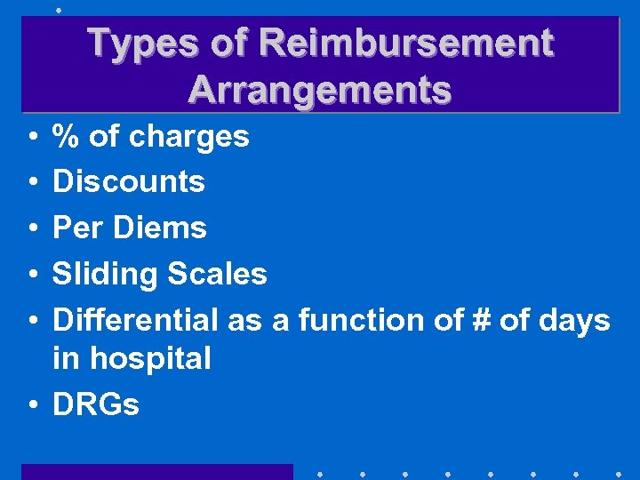 Types of Reimbursement Arrangements • • • % of charges Discounts Per Diems Sliding
