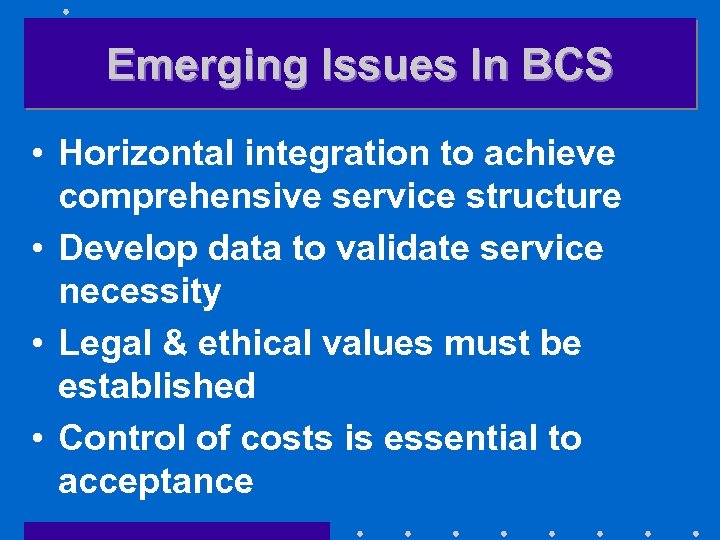 Emerging Issues In BCS • Horizontal integration to achieve comprehensive service structure • Develop