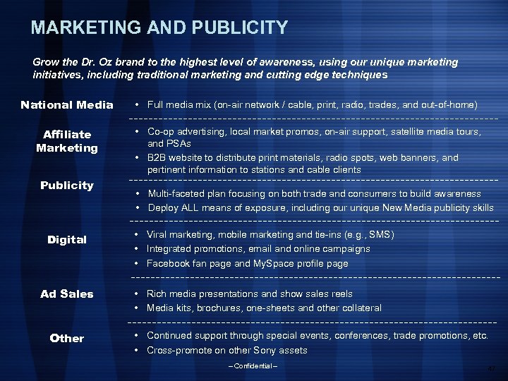MARKETING AND PUBLICITY Grow the Dr. Oz brand to the highest level of awareness,