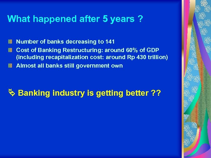 What happened after 5 years ? Number of banks decreasing to 141 Cost of