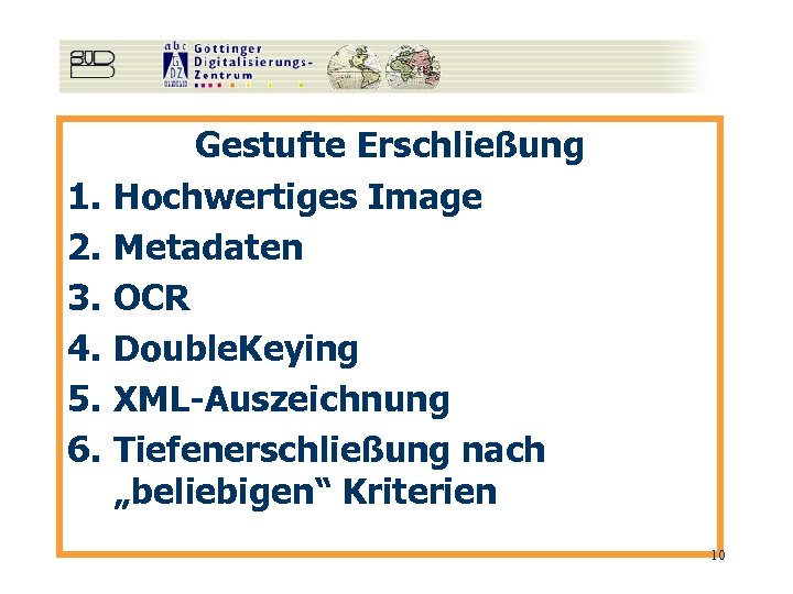 1. 2. 3. 4. 5. 6. Gestufte Erschließung Hochwertiges Image Metadaten OCR Double. Keying