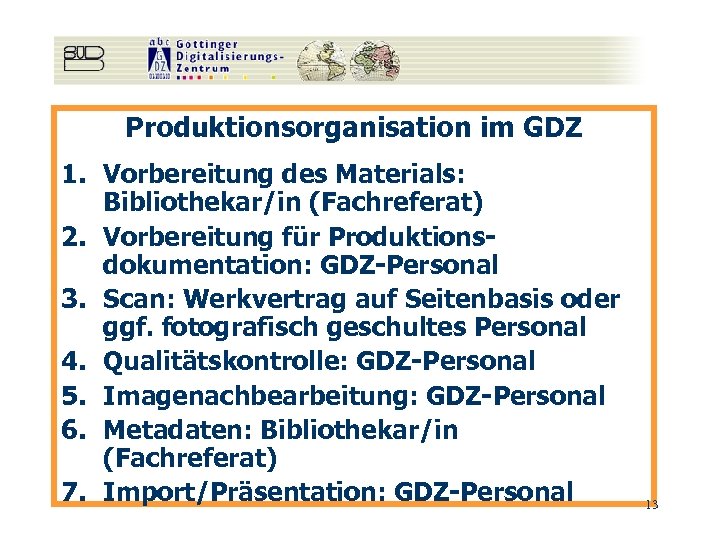 Produktionsorganisation im GDZ 1. Vorbereitung des Materials: Bibliothekar/in (Fachreferat) 2. Vorbereitung für Produktionsdokumentation: GDZ-Personal