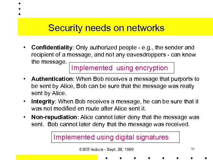 Security needs on networks • Confidentiality: Only authorized people - e. g. , the