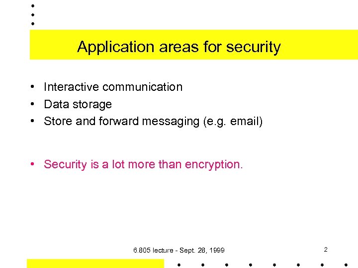 Application areas for security • Interactive communication • Data storage • Store and forward