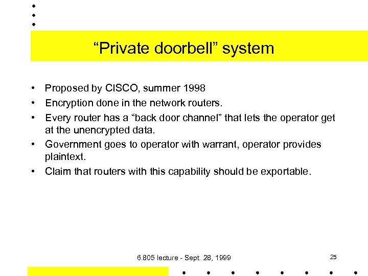 “Private doorbell” system • Proposed by CISCO, summer 1998 • Encryption done in the