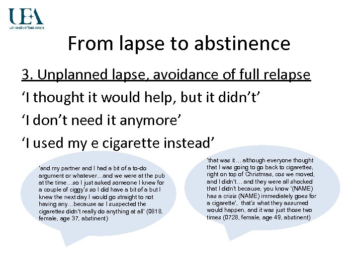 From lapse to abstinence 3. Unplanned lapse, avoidance of full relapse ‘I thought it