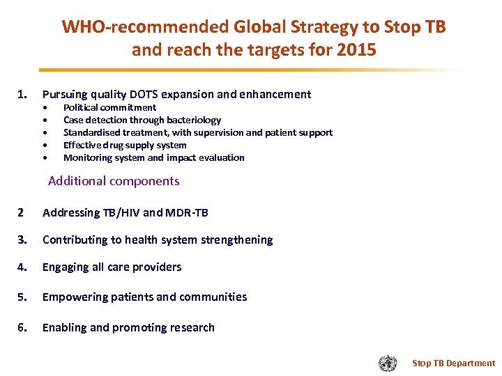 WHO-recommended Global Strategy to Stop TB and reach the targets for 2015 1. Pursuing