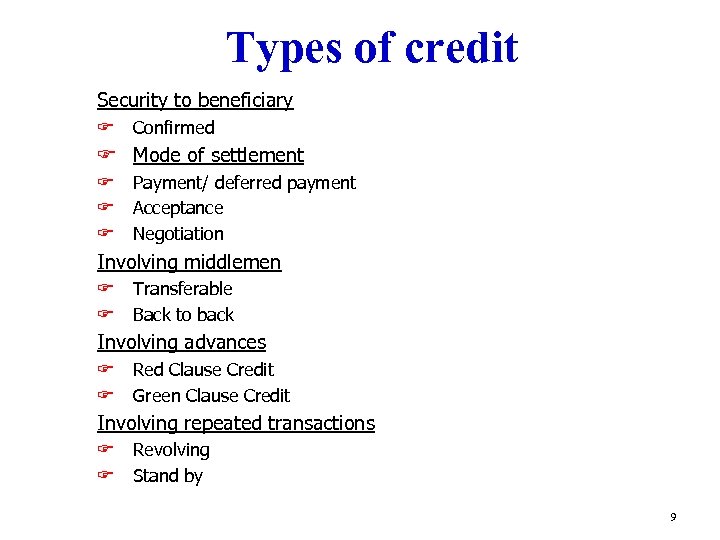 Types of credit Security to beneficiary F Confirmed F Mode of settlement F F