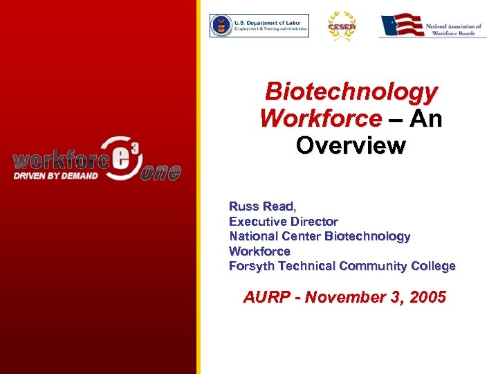 Biotechnology Workforce – An Overview Russ Read, Executive Director National Center Biotechnology Workforce Forsyth