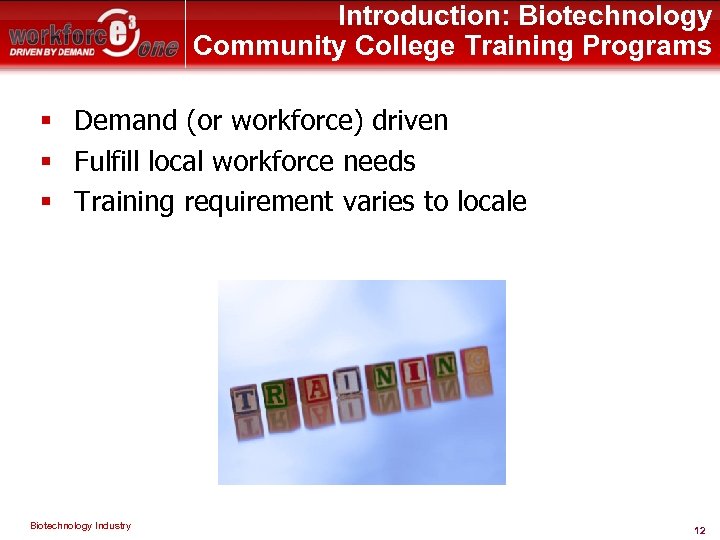 Introduction: Biotechnology Community College Training Programs § Demand (or workforce) driven § Fulfill local