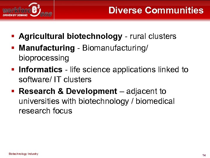 Diverse Communities § Agricultural biotechnology - rural clusters § Manufacturing - Biomanufacturing/ bioprocessing §