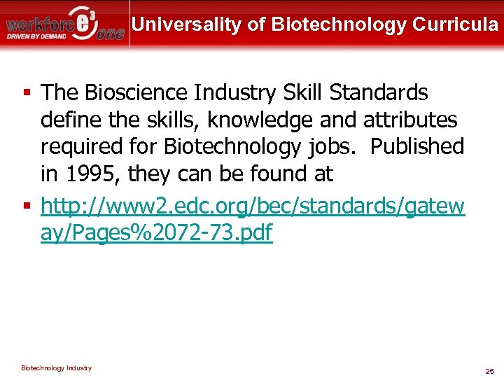 Universality of Biotechnology Curricula § The Bioscience Industry Skill Standards define the skills, knowledge