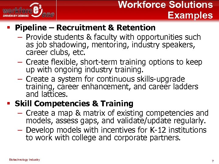 Workforce Solutions Examples § Pipeline – Recruitment & Retention – Provide students & faculty