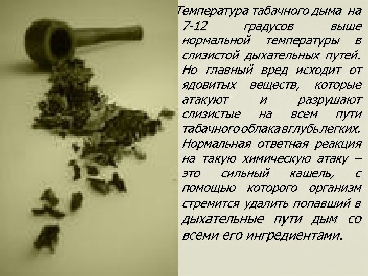 Температура табачного дыма на 7 -12 градусов выше нормальной температуры в слизистой дыхательных путей.