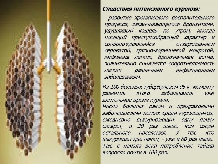 Следствия интенсивного курения: развитие хронического воспалительного процесса, заканчивающегося бронхитами, удушливый кашель по утрам, иногда