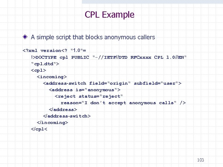 CPL Example A simple script that blocks anonymous callers <? xml version<? "1. 0"=