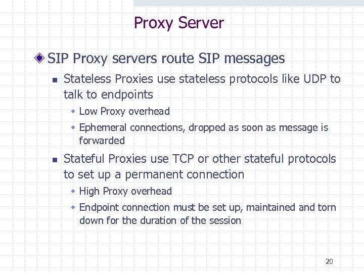 Proxy Server SIP Proxy servers route SIP messages n Stateless Proxies use stateless protocols