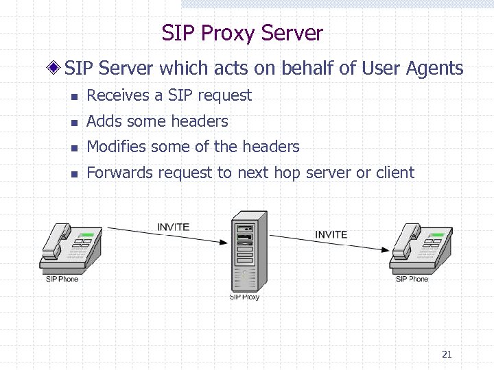 SIP Proxy Server SIP Server which acts on behalf of User Agents n Receives