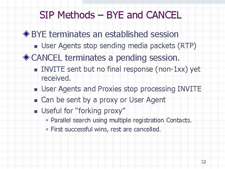 SIP Methods – BYE and CANCEL BYE terminates an established session n User Agents