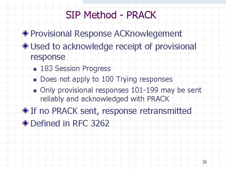 SIP Method - PRACK Provisional Response ACKnowlegement Used to acknowledge receipt of provisional response