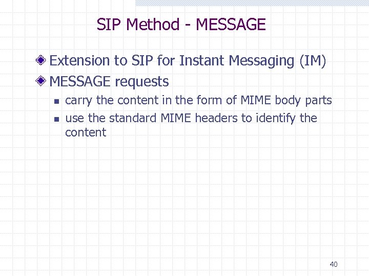 SIP Method - MESSAGE Extension to SIP for Instant Messaging (IM) MESSAGE requests n