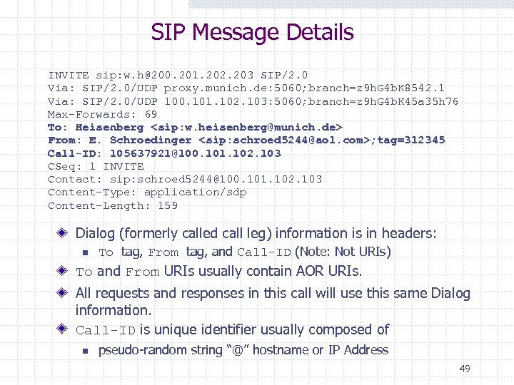 SIP Message Details INVITE sip: w. h@200. 201. 202. 203 SIP/2. 0 Via: SIP/2.