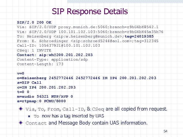 SIP Response Details SIP/2. 0 200 OK Via: SIP/2. 0/UDP proxy. munich. de: 5060;