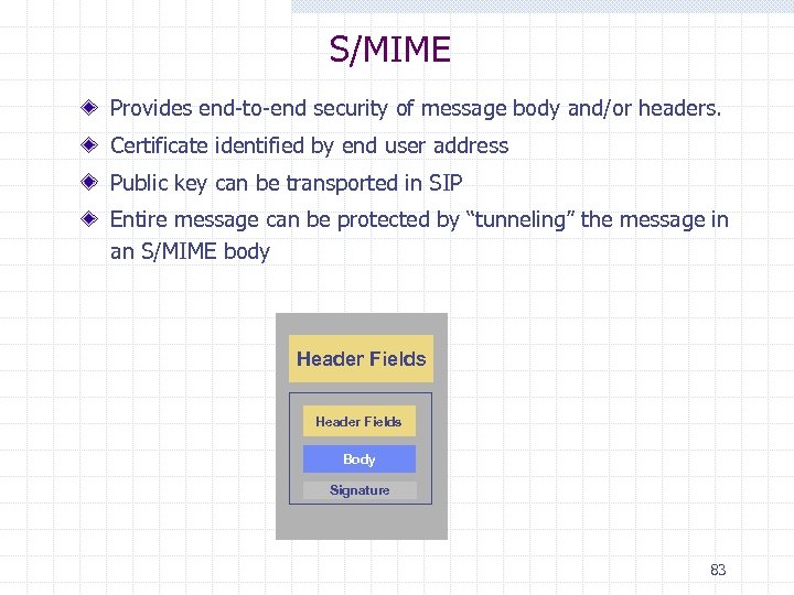 S/MIME Provides end-to-end security of message body and/or headers. Certificate identified by end user