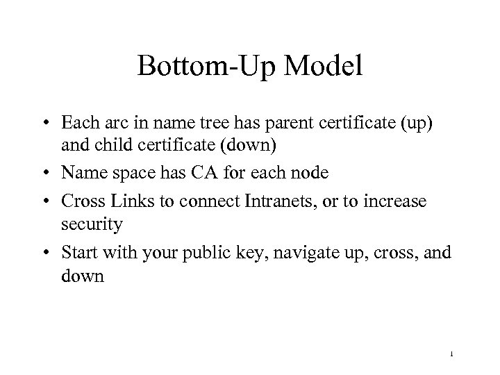 Bottom-Up Model • Each arc in name tree has parent certificate (up) and child