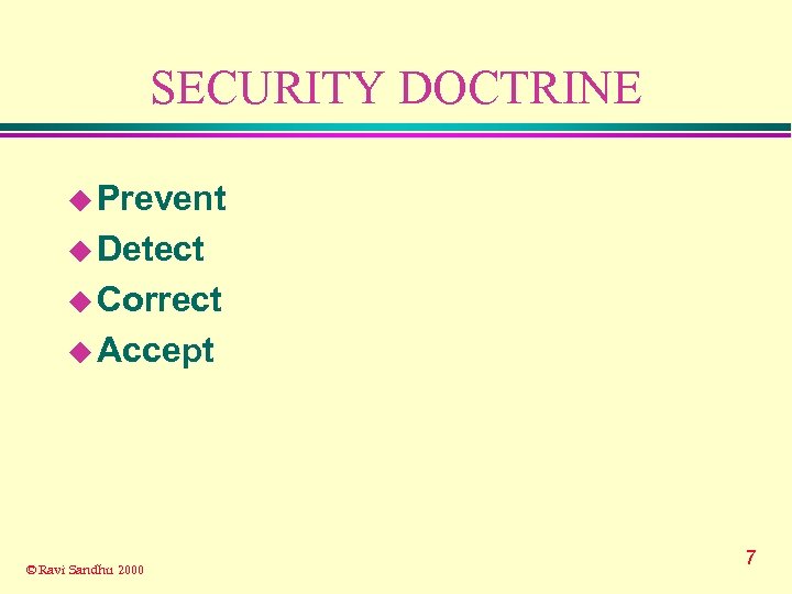 SECURITY DOCTRINE u Prevent u Detect u Correct u Accept © Ravi Sandhu 2000