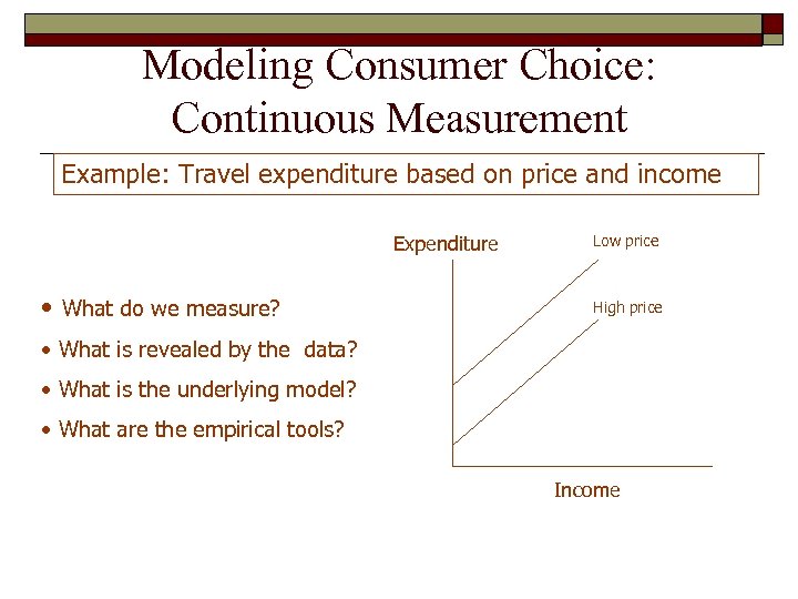 Modeling Consumer Choice: Continuous Measurement Example: Travel expenditure based on price and income Expenditure