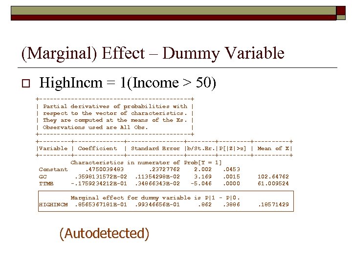 (Marginal) Effect – Dummy Variable o High. Incm = 1(Income > 50) +----------------------+ |